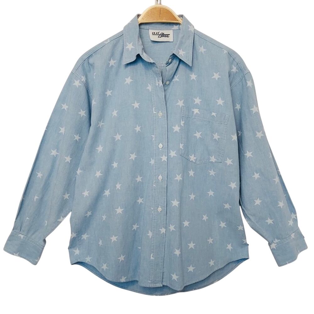 Vintage 90's Ilio Blues Western Blue White Stars Denim Jean Shirt Top Medium